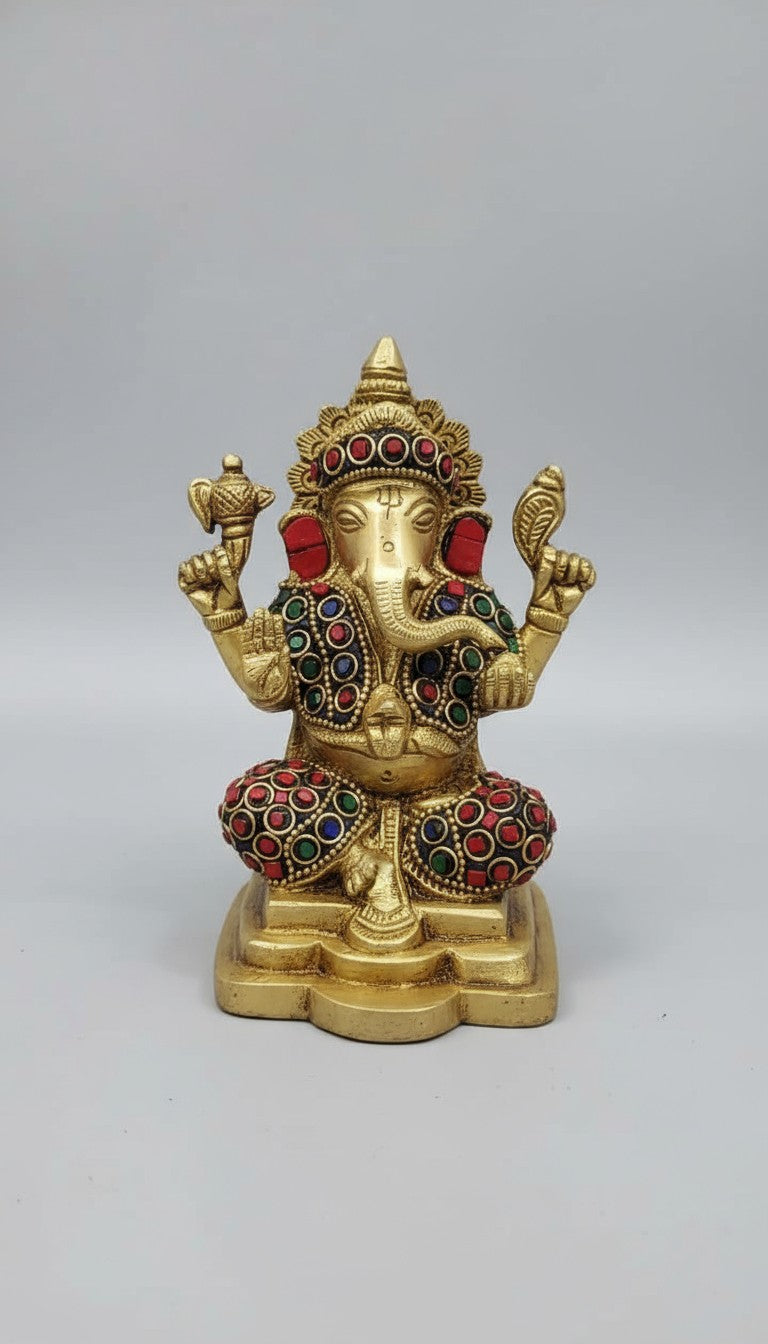 brass with stone work sitting ganesh idol for home temple/. Gift item